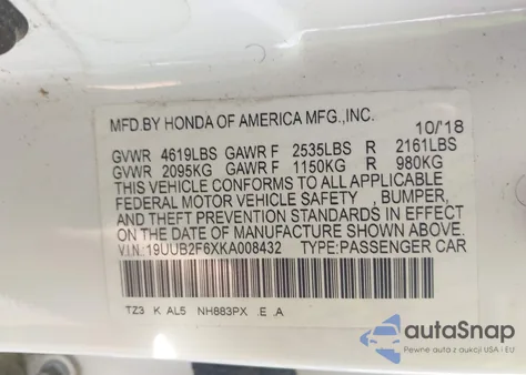 2019 Acura Tlx Tech A-Spec Pkgs из США, поврежденный, VIN 19UUB2F6XKA008432